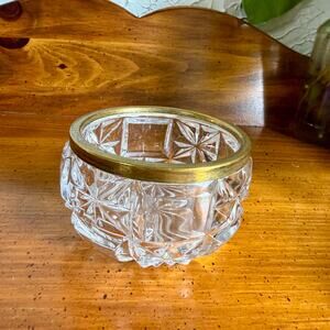 Vintage Cut Glass Bowl with Brass Rim Small Crystal Dish Starburst Pattern Trink